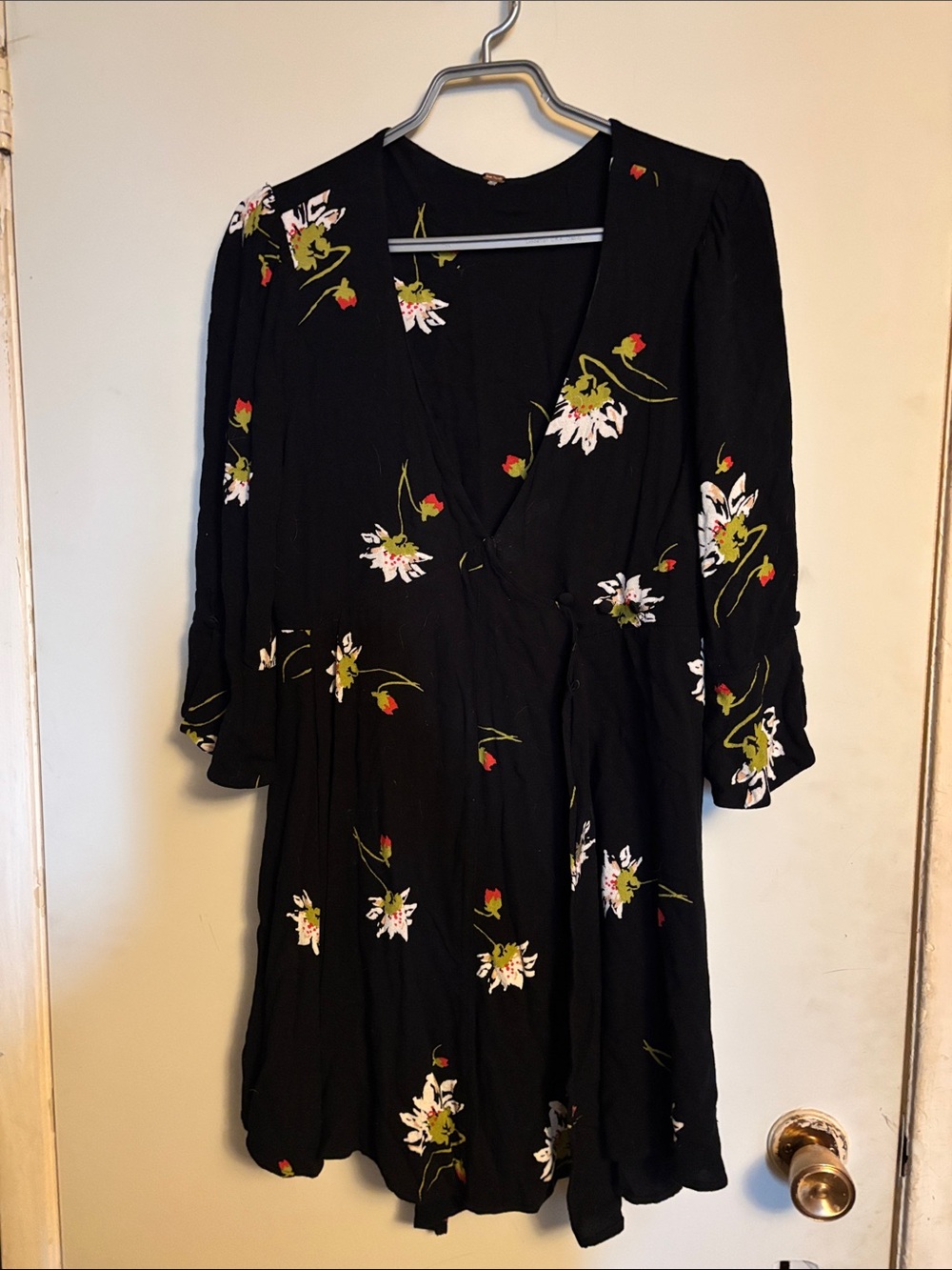 Free People Black Floral Long Sleeve Wrap Dress